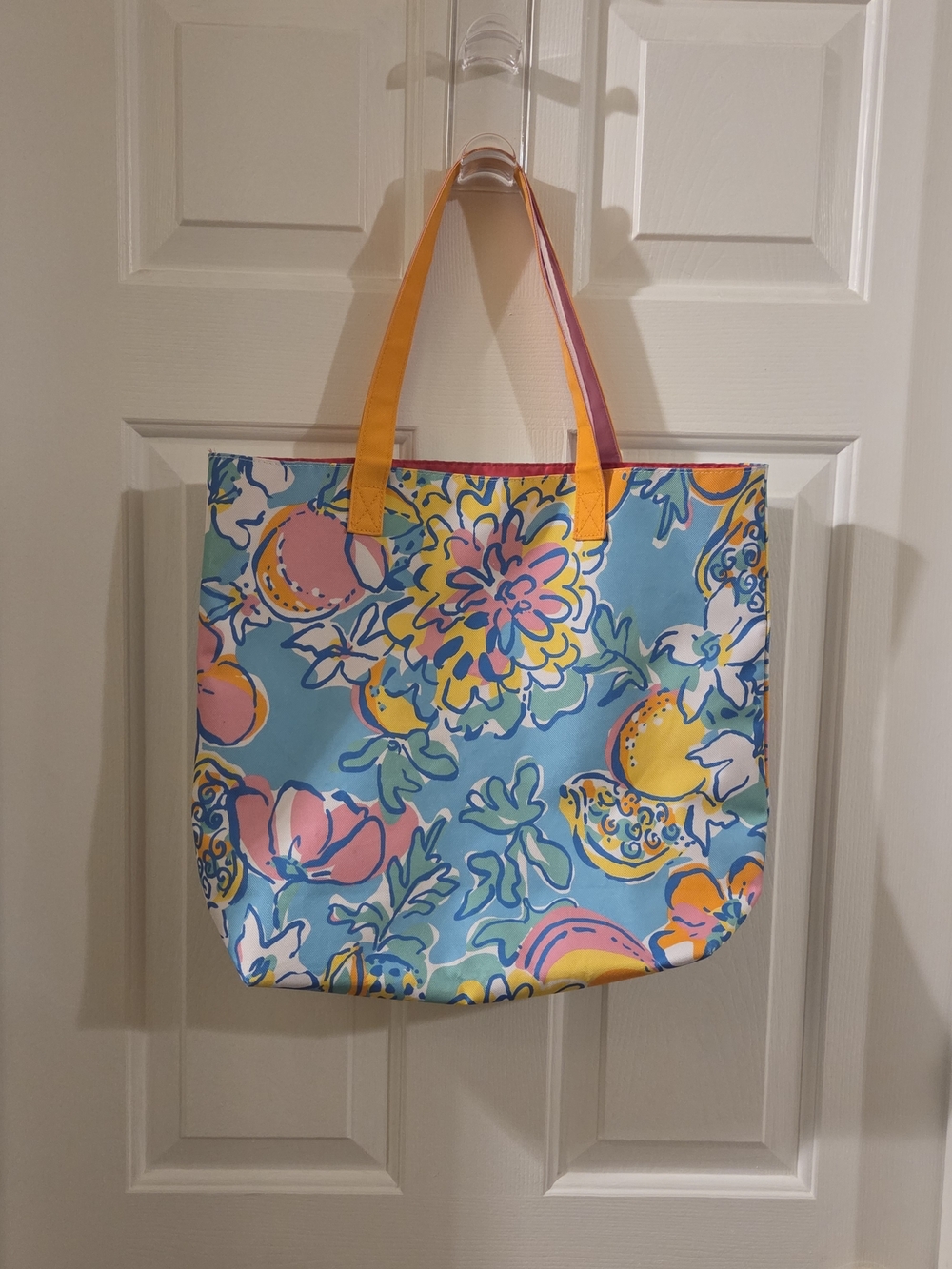 Estee Lauder Blue Floral Tote with Yellow Handles